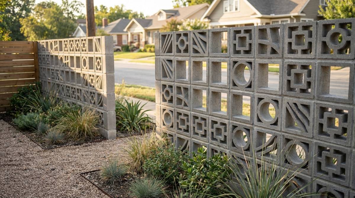 A modern garden fence made of decorative concrete blocks stacked to create a semi-transparent boundary with architectural presence. The blocks feature geometric patterns, ranging from simple squares to complex abstracts, and are installed with concrete footings and grout for structural integrity. This design suits mid-century modern and contemporary gardens, providing sound dampening near busy streets.