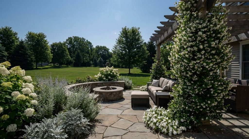 A serene nighttime garden scene featuring white and silver plants that reflect moonlight, enhancing visibility and extending garden enjoyment after dark. Pale flowers are positioned near outdoor living areas, with fragrant white jasmine adding to the evening atmosphere.