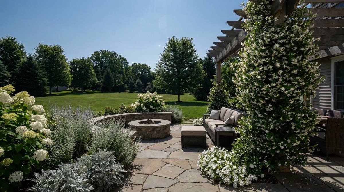 A serene nighttime garden scene featuring white and silver plants that reflect moonlight, enhancing visibility and extending garden enjoyment after dark. Pale flowers are positioned near outdoor living areas, with fragrant white jasmine adding to the evening atmosphere.