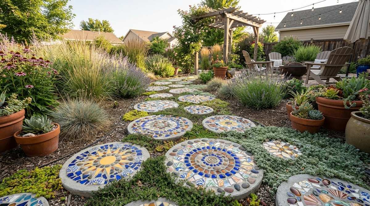 Handcrafted stepping stones with vibrant mosaic patterns made from broken tile or glass, creating personalized pathway art in a boho garden. The stones are spaced 18-24 inches apart for comfortable walking, with groundcovers softening their edges and defining garden circulation.