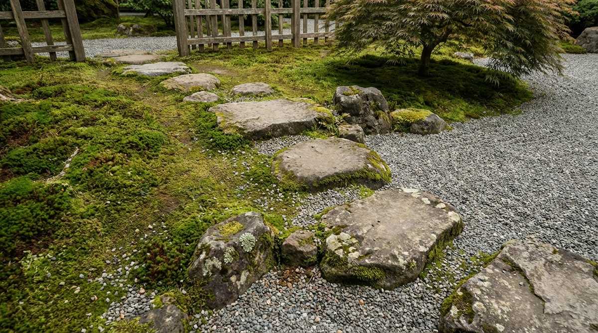 A detailed view of a Japanese garden showing a natural transition between a moss-covered area and a gravel section, with stones placed to bridge the two materials. The moss is gradually colonizing some stones, while gravel particles are nestled into the moss edges, creating an authentic weathered appearance that improves with age.