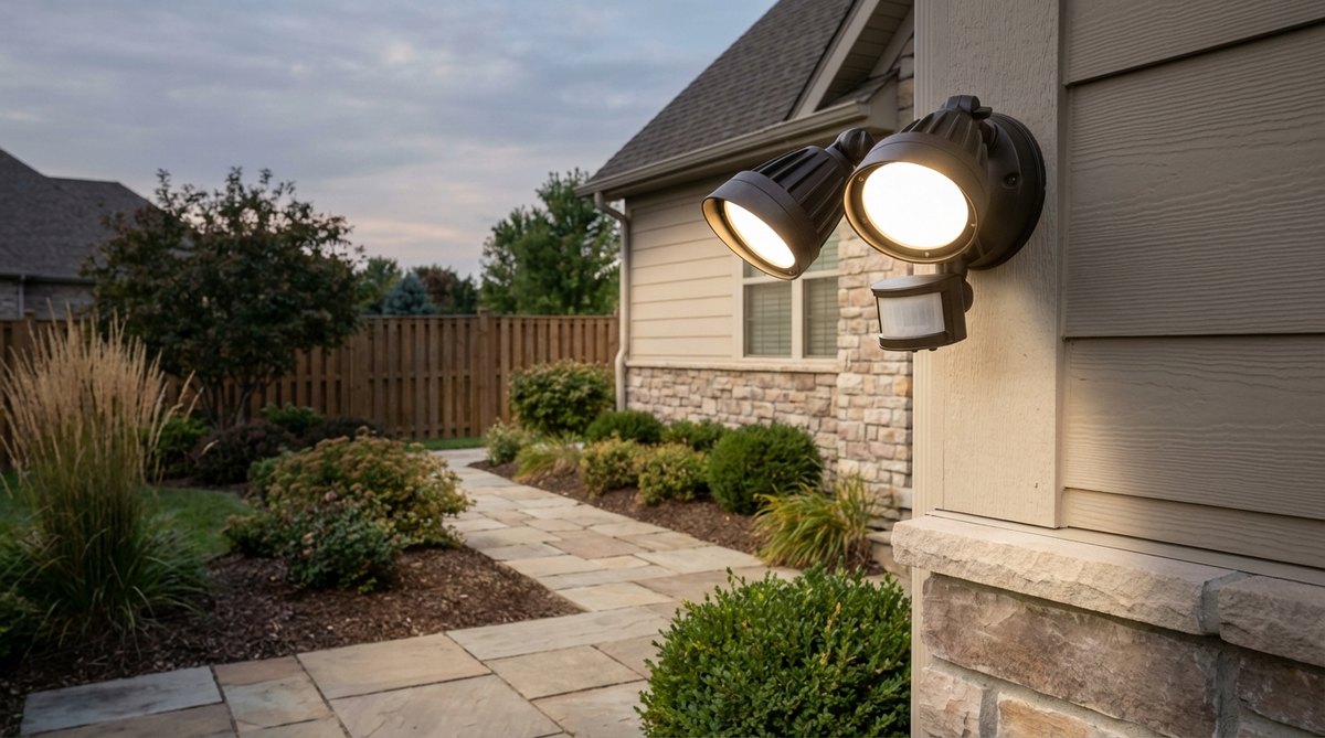 A dual-head LED flood light with PIR motion sensors installed at a building corner, providing overlapping security coverage to deter intrusion and conserve energy. Features adjustable sensitivity to prevent false triggers and smartphone alerts for remote monitoring.