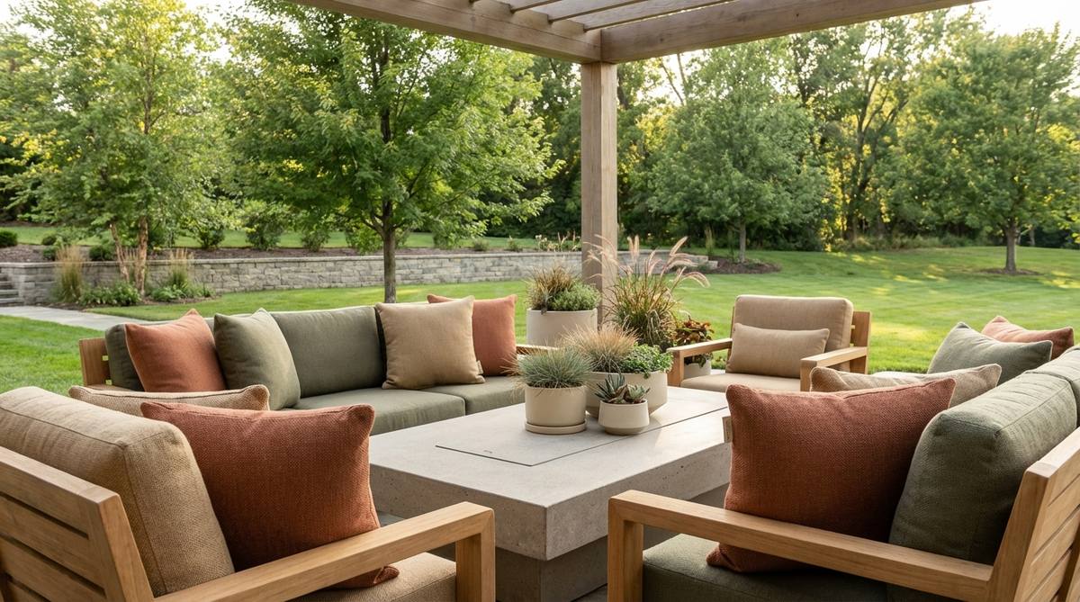 Modern garden cushions in earthy terracotta, olive, and sandy beige tones made from solution-dyed acrylic fabric that resists fading, mildew, and stains. Features high-density foam cores, quick-dry technology, and removable covers for easy cleaning.