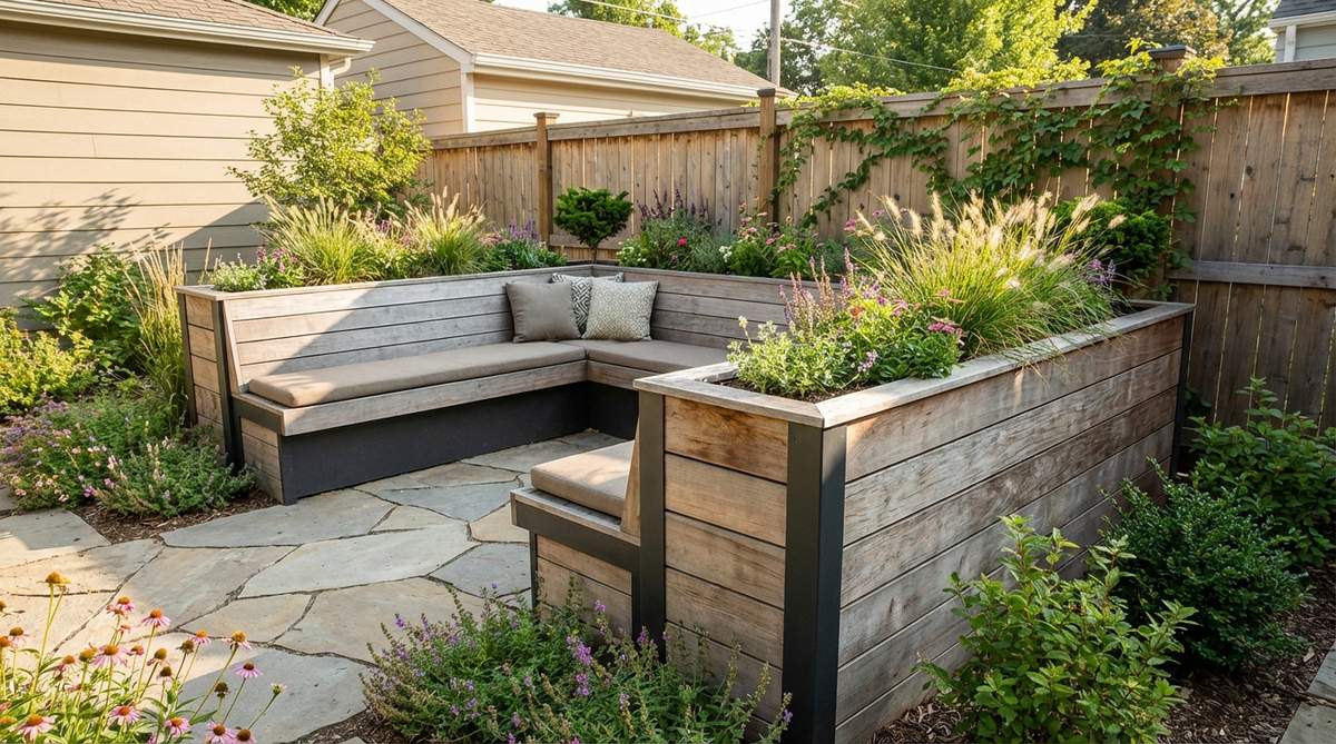 A modern planter-bench combination unit featuring integrated seating with planter boxes, designed for compact urban gardens to maximize space utility with dual functionality.
