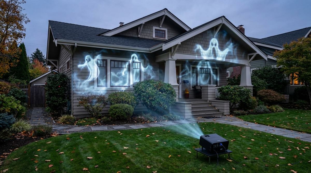 Animated Halloween projection mapping on a house facade showing ghostly figures and swirling fog effects. A projector is visible at a distance, casting dramatic light patterns on the exterior wall without physical clutter. The scene demonstrates how to create spooky outdoor decor that can be easily changed for different themes.