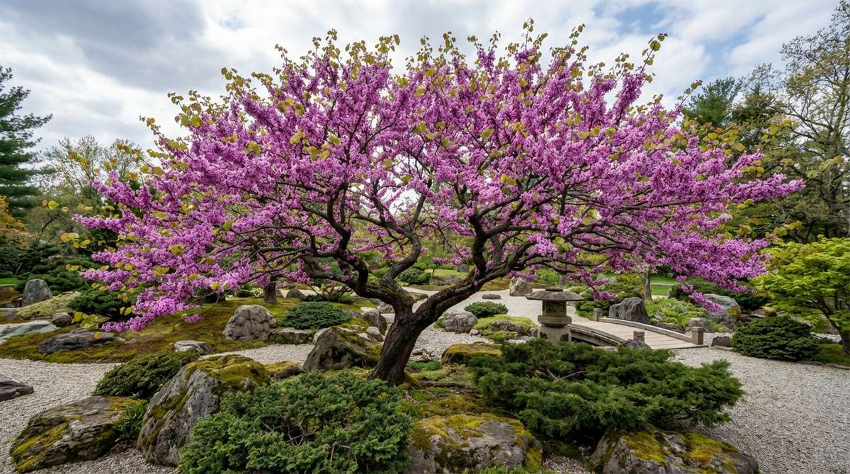 A Redbud tree (Cercis species) in a Japanese garden, showcasing clusters of pink-purple pea-like flowers blooming directly on trunks and branches in early spring. The tree has a rounded form with heart-shaped leaves, providing summer shade, and adapts well to partial shade in zones 4-9.