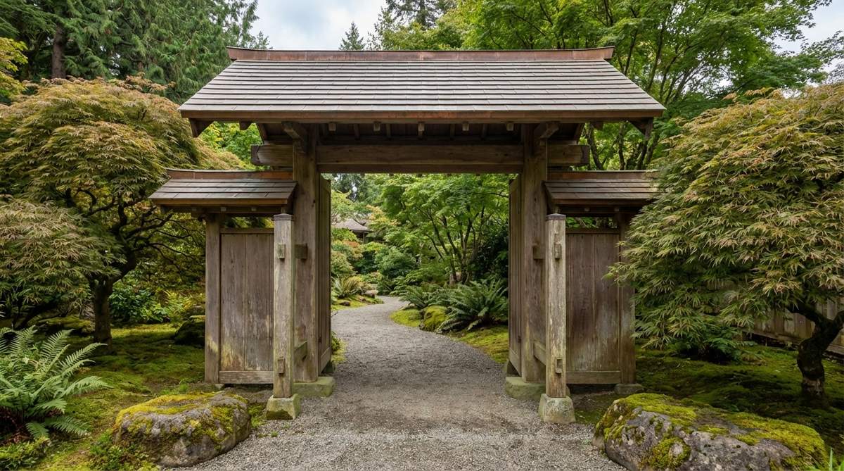 A substantial gateway with a tiled roof and thick timber posts, announcing the entrance to a Japanese garden while providing shelter during rain. The structure's mass signals significance, suggesting ceremonial passage beyond, finished with natural materials like unpainted wood, copper roofing, and stone footings that age gracefully.