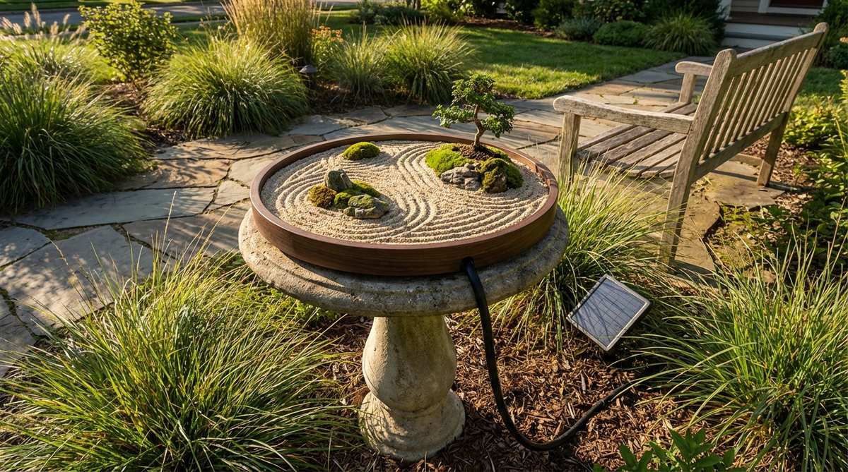A slow-rotating turntable motor beneath a miniature zen garden tray, completing one revolution every 5-10 minutes to create constantly changing perspectives of sand patterns, symbolizing life's continuous changes.