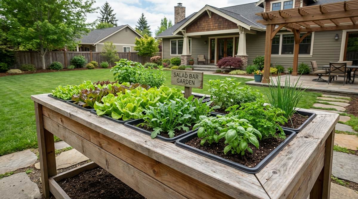 A waist-height salad table garden with shallow growing trays, featuring cut-and-come-again lettuce, arugula, and herbs. The elevated design provides accessible gardening for users with mobility limitations and helps deter ground-dwelling pests.