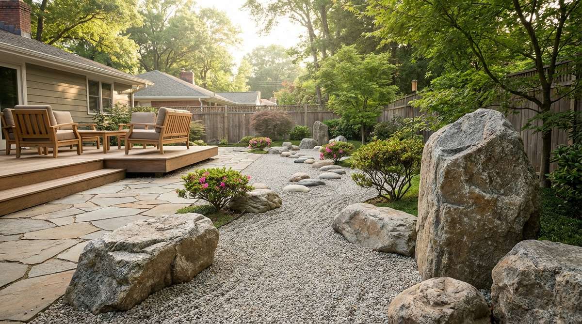 A visual representation of the scale perspective illusion technique in a Japanese Zen garden, showing larger stones in the foreground and progressively smaller stones toward the background to create a forced perspective effect, making the garden appear deeper and more spacious than its actual dimensions, inspired by atmospheric perspective in painting.