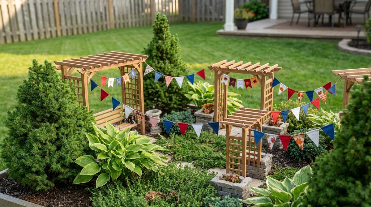 A vibrant image showcasing miniature bunting, flags, and banners strung between structures in a mini garden, adding festive color and movement. The fabric accessories are crafted from weather-resistant materials like fabric or felt, secured with thin wire or thread, and can be easily changed with seasons or holidays to keep displays fresh and current. These changeable elements allow for design evolution without replanting, with the movement adding kinetic interest as breezes activate the fabric.