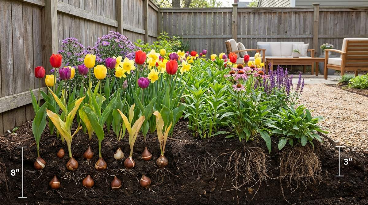 Illustration of layered planting in a small backyard garden, showing spring bulbs, summer perennials, and fall asters arranged for continuous seasonal bloom. The diagram demonstrates proper planting depths with bulbs at 8 inches and perennials at 3 inches, with foliage hiding fading bulb leaves.