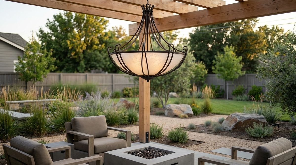 An oversized pendant light hanging over an outdoor seating area, providing functional illumination and serving as a sculptural focal point in a minimalist garden setting.
