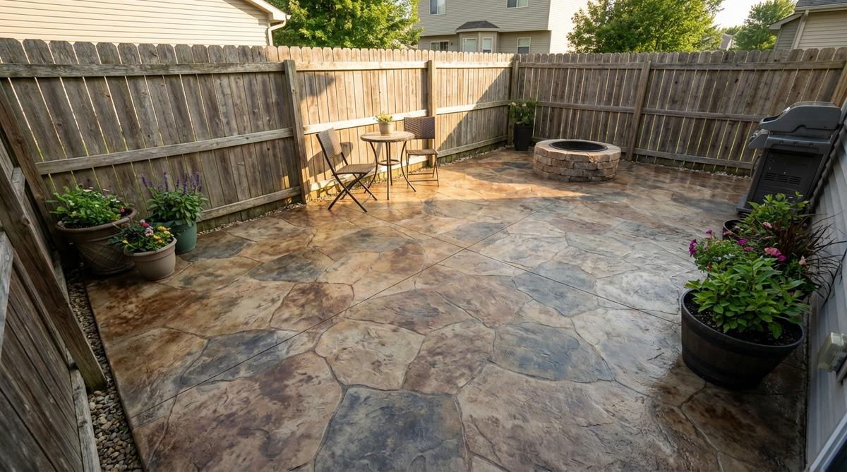 Acid-stained concrete overlay transforming a plain slab into an attractive surface with variegated colors and stone-like appearance, ideal for refreshing existing hardscaping in small garden backyards. The economical upgrade features earth tones to contemporary grays, achieved by cleaning and etching concrete surfaces, applying acid stain, and sealing with a protective coating.