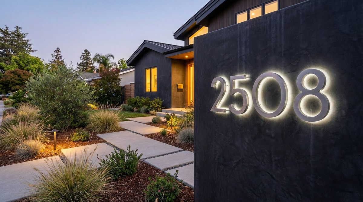 Large, contrasting house numbers mounted on a modern facade, enhancing wayfinding and adding contemporary style to a front yard garden design. The numbers are illuminated for nighttime visibility and complement the home's aesthetic with sleek metal finishes.