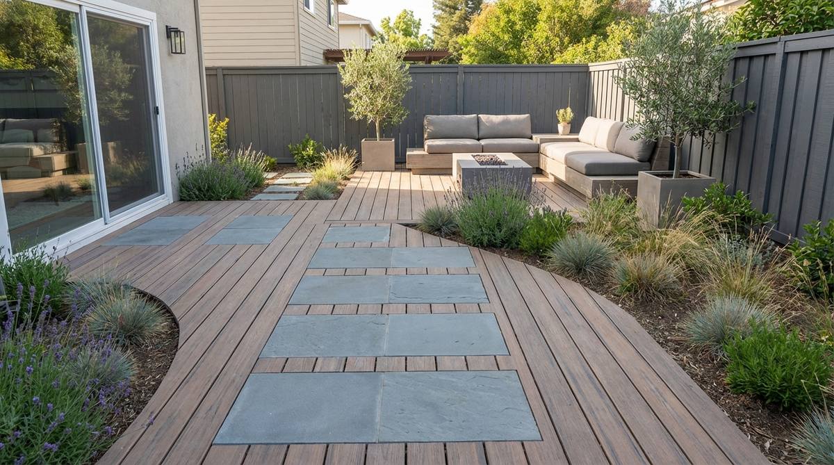 A modern small garden patio design featuring large stepping stone pavers set flush within decking surfaces, creating textural variety and defining primary walking routes across the deck. This hybrid approach combines the comfort of decking with the durability of stone in high-traffic zones, suitable for contemporary garden designs where material mixing reinforces modern aesthetics.