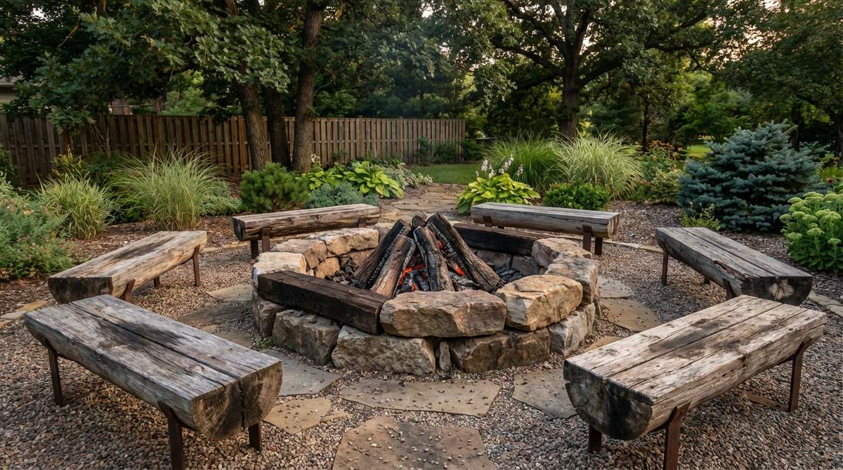 A rustic stone and timber fire pit with weathered logs arranged around a stone-lined fire ring, creating a cozy gathering space with textural contrast between natural materials. Split log benches are positioned in a circular arrangement at a safe distance from the fire, showing enhanced character from heat and smoke exposure.