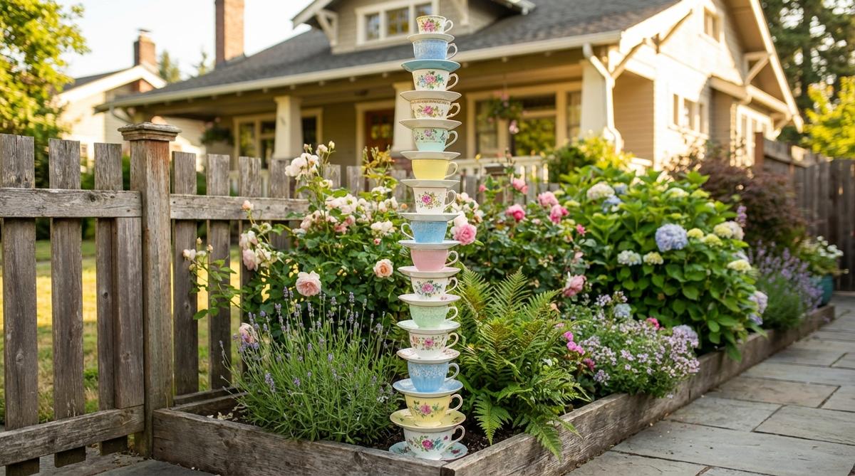 A whimsical garden statue featuring stacked vintage teacups and saucers, creating a colorful vertical accent ideal for cottage borders or container gardens. This 24-36 inch tower is designed for small-space gardens with easy maintenance through replaceable pieces.