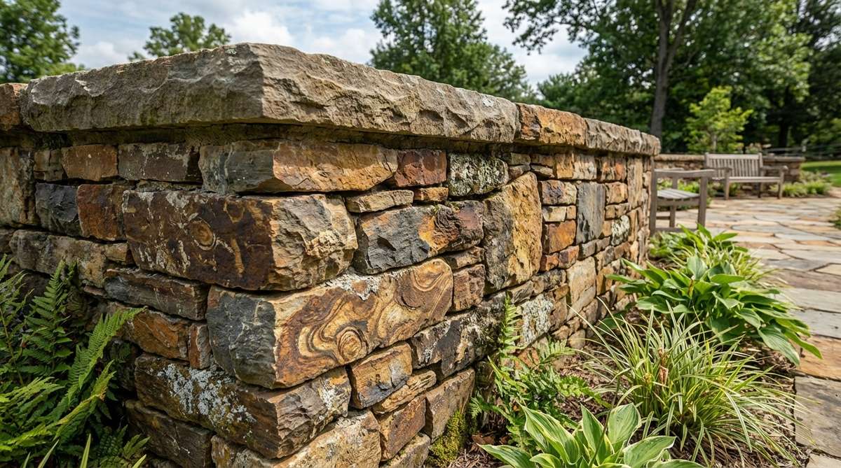 A close-up image of Tennessee Crab Orchard Stone used in a garden wall, showcasing its variegated browns, golds, and grays with unique patterns. The dense sandstone is ideal for caps and copings, suitable for rustic applications and Appalachian landscapes.