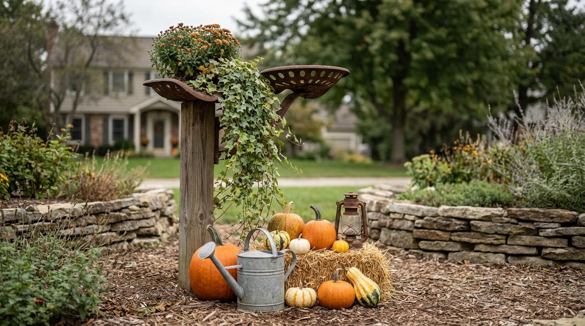 A vintage tractor seat mounted on a post, used as a planter with clustered pumpkins and farmhouse accessories at its base, set in a garden bed for outdoor fall decor.