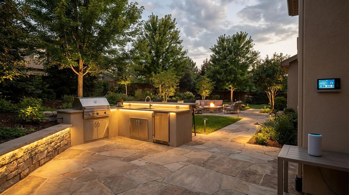 A modern garden with smart lighting fixtures integrated with voice assistants, showcasing hands-free operation for outdoor cooking and entertaining. The scene includes grouped zones like patio lights and garden spotlights for collective voice control.