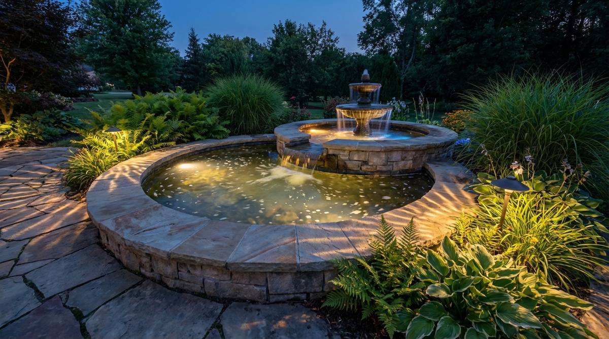 A small garden water feature with submerged waterproof LEDs creating glowing focal points in a fountain or pond. The moving water disperses light into dancing patterns, with colored LEDs for mood changes and warm white lighting for everyday elegance that complements plant palettes.