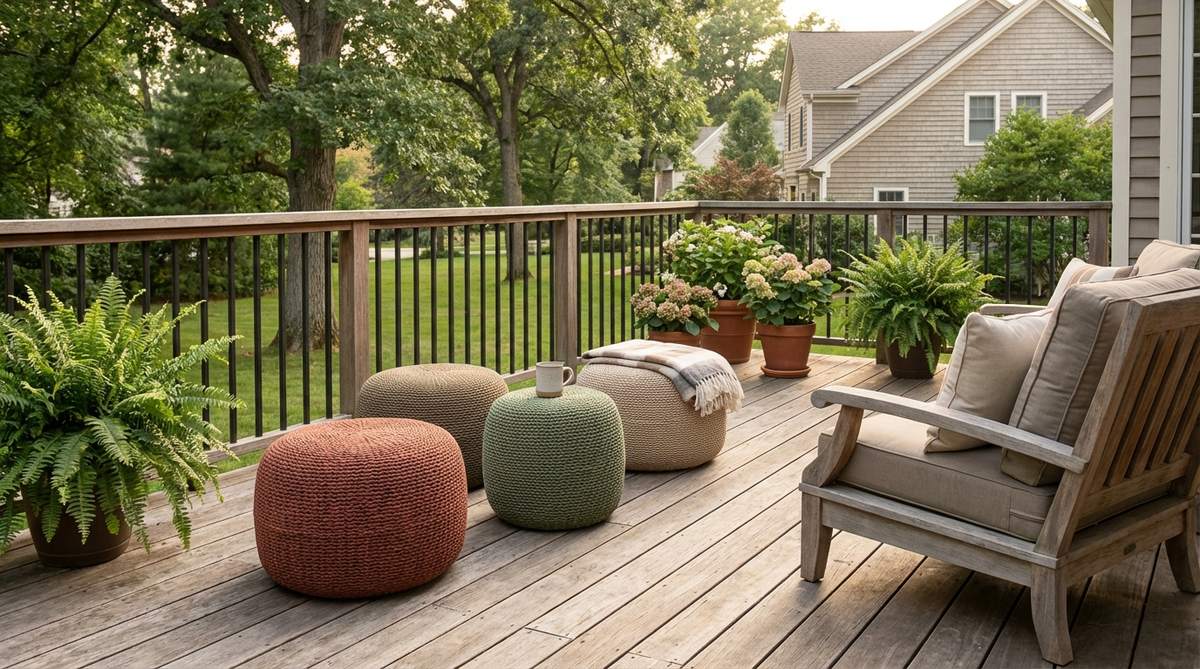 A set of weather-resistant synthetic woven poufs in accent colors on a balcony, serving as versatile footrests, side tables, or casual seating. Made from durable polypropylene that resists moisture and fading, these lightweight poufs complement primary seating and can be easily rearranged for different uses in outdoor decor.