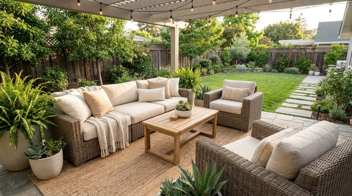 A modern boho decor scene featuring weather-resistant wicker or rattan furniture with neutral cushions in cream, sand, or soft gray, highlighting organic texture and comfort for outdoor or indoor bohemian style.