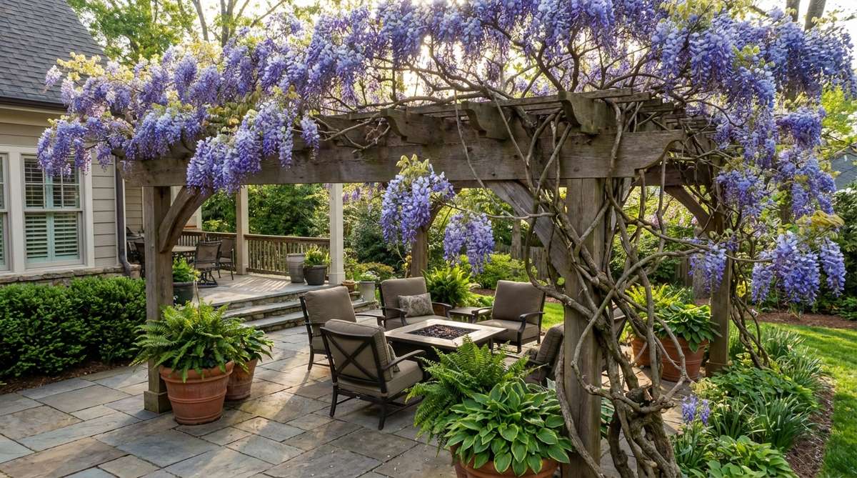 A wisteria vine trained across a pergola top, creating a seasonal shade canopy with fragrant spring blooms, illustrating the cozy garden character with dramatic flowering displays and structural pruning for maintenance.