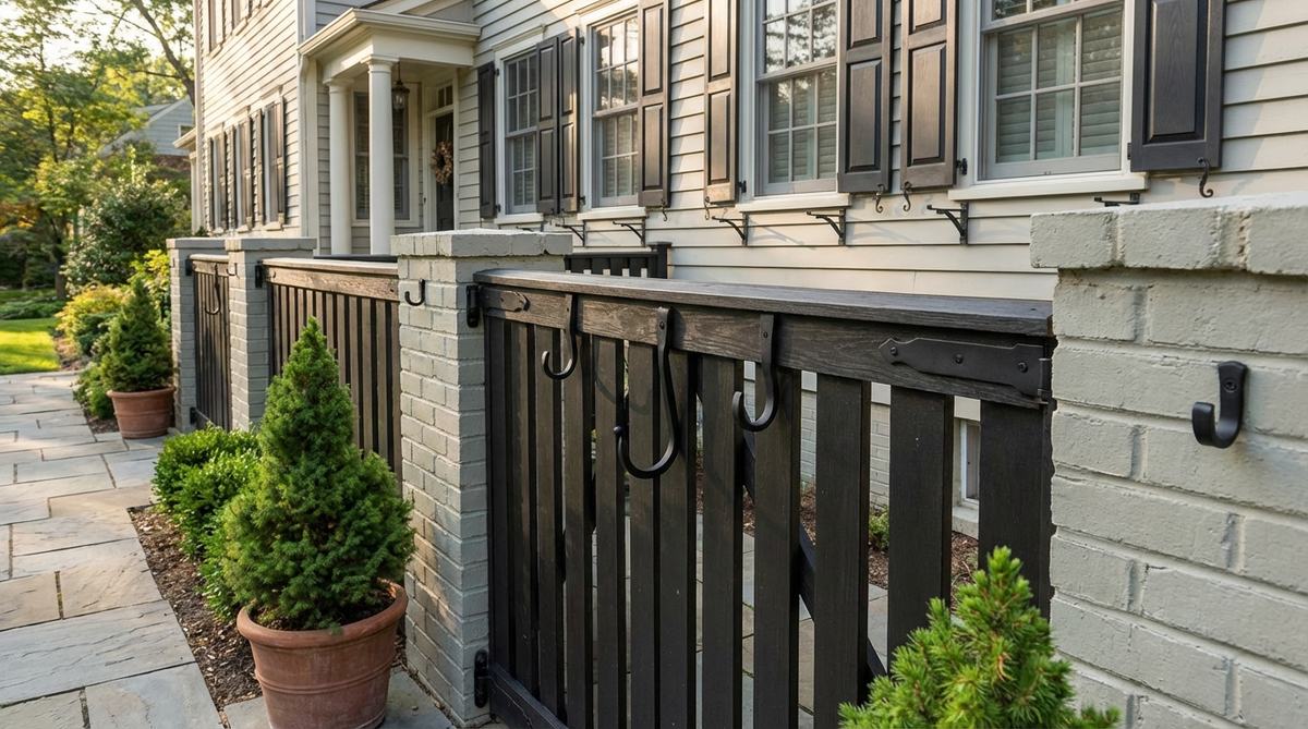 Decorative wreath and swag mounts installed on garden gates, fences, and shutters for seasonal holiday decorations. Shows permanent hooks and brackets in matching landscape metal finishes, mounted at eye level for optimal viewing.