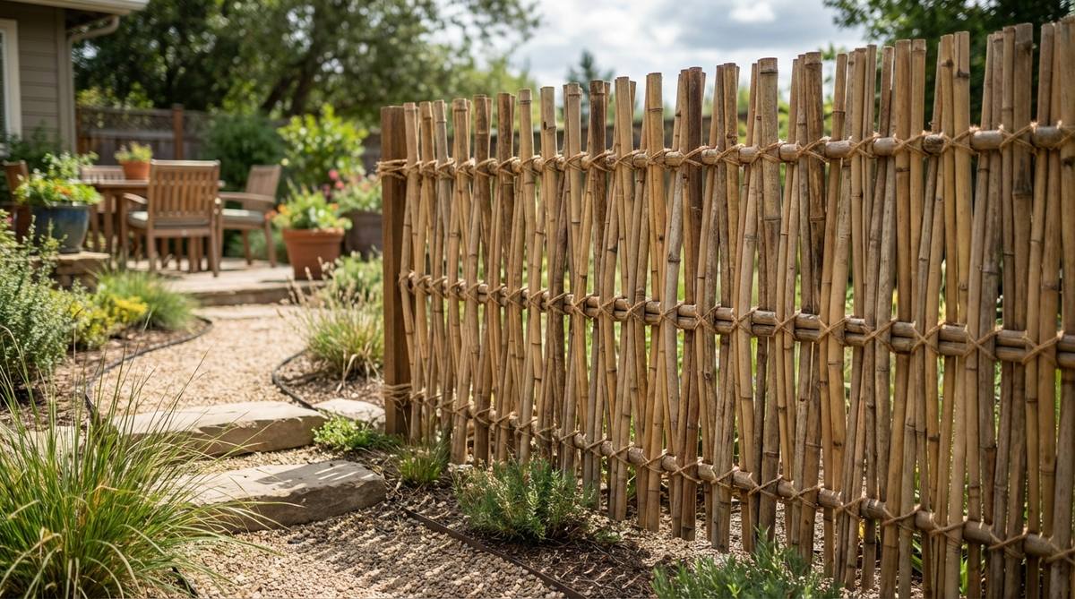 A sustainable bamboo pole tied screen made from harvested bamboo poles lashed with natural fiber cordage, ideal for small garden fences. Features organic aesthetics with natural variations in pole diameters and coloring, complementing Asian-inspired gardens. Lightweight and easy to install, it allows quick modifications as garden designs evolve. Weather-treated with natural oils for extended service life while maintaining biodegradability.