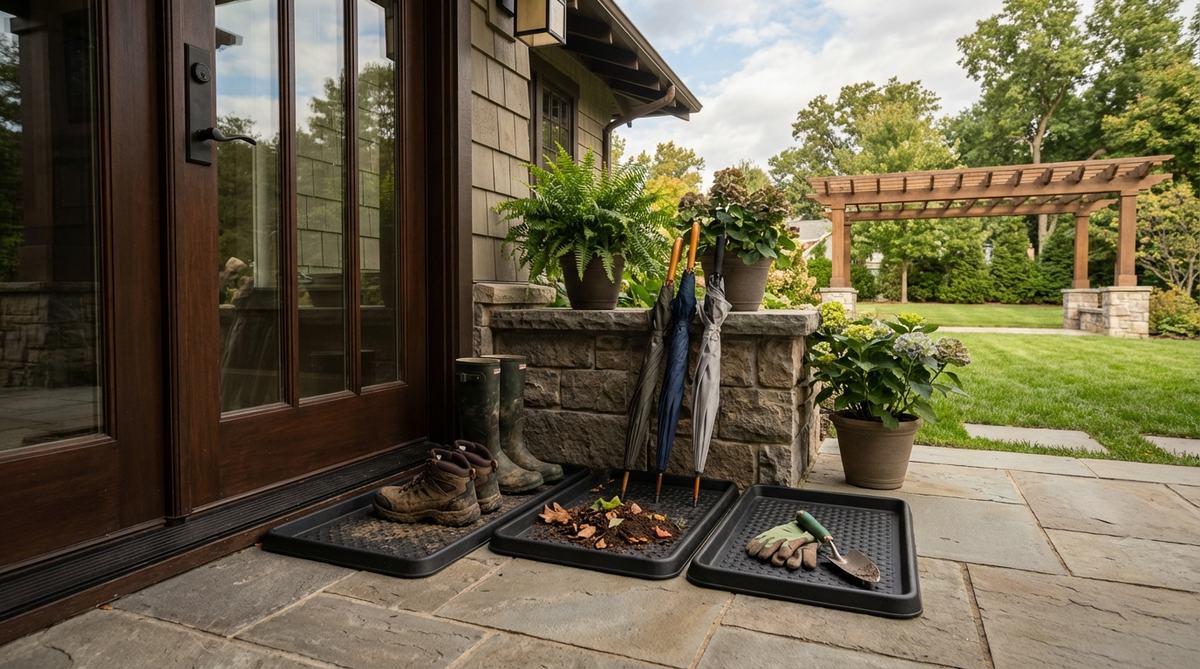 A decorative boot tray system near a porch door, featuring rubber or metal trays with raised edges to contain muddy shoes, wet umbrellas, and debris, discreetly positioned to maintain aesthetic appeal.