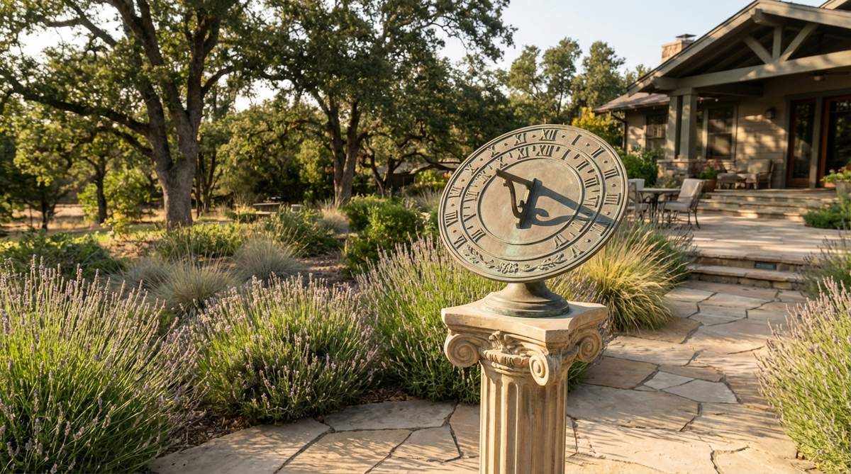 A bronze sundial mounted on a decorative pedestal, showcasing classical column or modern geometric designs for garden decor. The piece stands 30-40 inches tall, ideal for open areas with southern exposure to ensure accurate time reading, blending aesthetic appeal with functional garden ornamentation.
