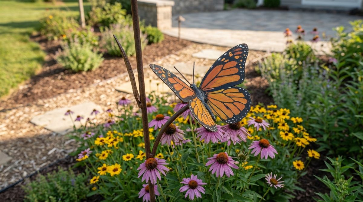 A metal butterfly garden decor piece attached to a stake, designed to appear as if feeding on flowers. Features painted wings in vibrant colors like monarch orange, swallowtail yellow, or blue morpho, adding year-round color to pollinator gardens. Ideal for enhancing ecological themes and creating natural flight patterns in outdoor spaces.