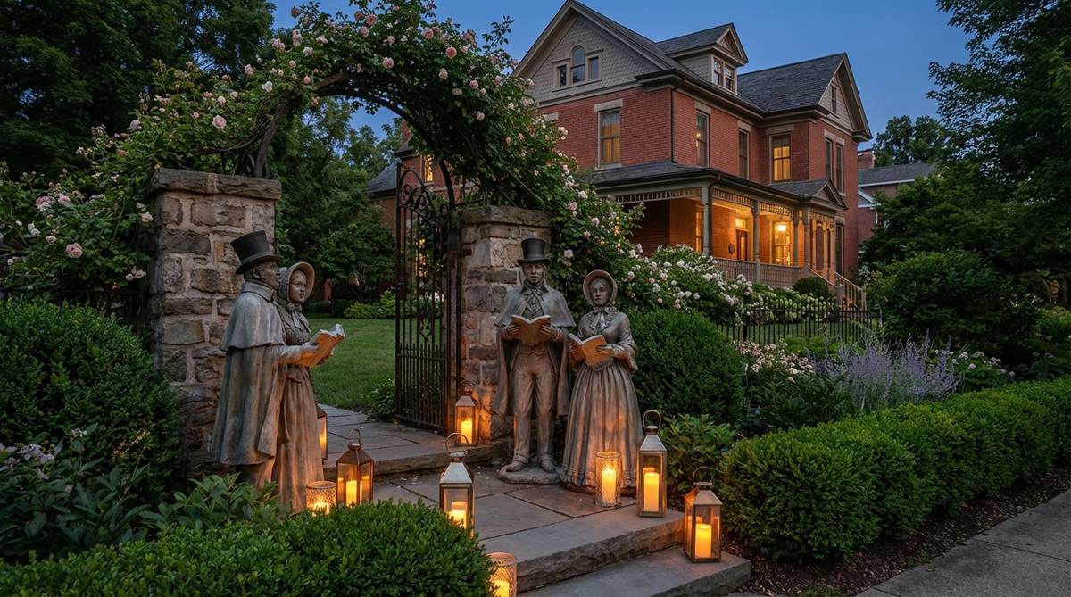 A group of 3-5 Victorian-style caroler figures in traditional period dress, arranged in a semicircle as if performing together, positioned near a garden entryway with LED candle lanterns for illuminated accents, complementing historic architecture and traditional landscape designs.