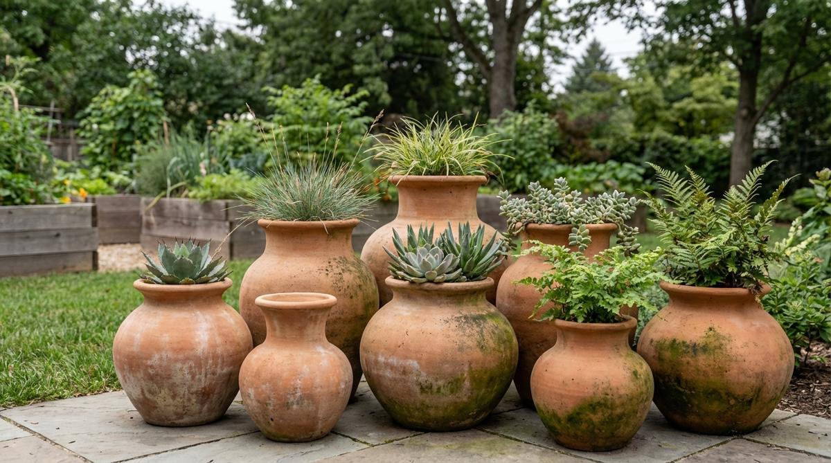 Hand-thrown clay pottery planters and vessels in unglazed terracotta, showcasing artisan craftsmanship with traditional African shapes like rounded bases, narrow necks, and flared rims. These porous clay pots provide ideal growing conditions for plants, allowing roots to breathe while maintaining moisture. Grouped in different sizes for visual rhythm, they develop natural mineral stains and moss growth over time, enhancing character and creating an authentic, well-used appearance central to bohemian aesthetics.