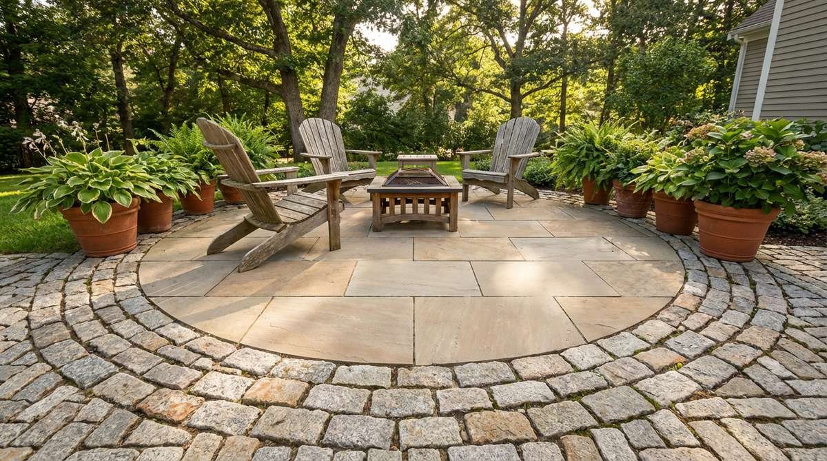 A small garden patio featuring a cobblestone border surrounding a smooth paver field, creating texture contrast and traditional European courtyard character. The design defines patio boundaries with tactile changes, naturally guiding furniture arrangements toward the center for efficient space management.