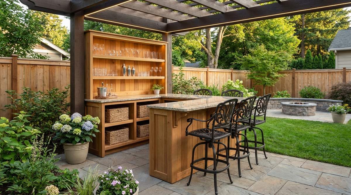 An L-shaped corner bar table with swiveling stools, built-in shelving for glassware and accessories, and overhead LED lighting, creating a compact entertainment zone in a small garden setting.