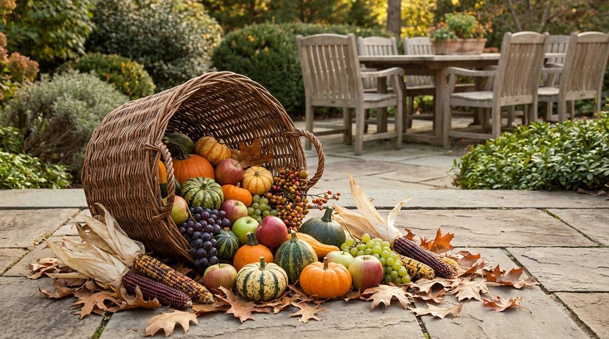 A woven basket arranged on its side with pumpkins, gourds, apples, and squash spilling abundantly from the opening, creating a horn-of-plenty effect for outdoor fall decor. Includes grape clusters, dried corn ears, and autumn leaves for textural variety, perfect for entryways or al fresco dining areas.