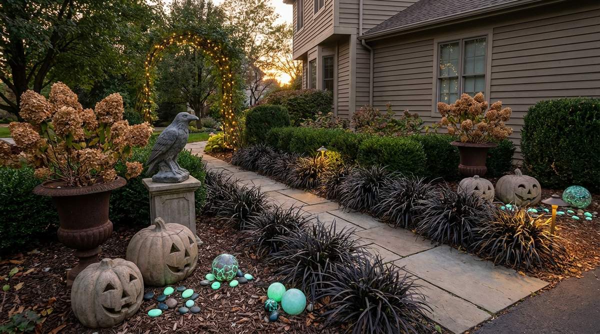 A strategic outdoor Halloween decor layout designed to look good both day and night, featuring sculptural plants, urns, and statuary for daylight appeal, with layered lighting, reflective surfaces, and glow-in-the-dark accents that transform the composition automatically after dark.