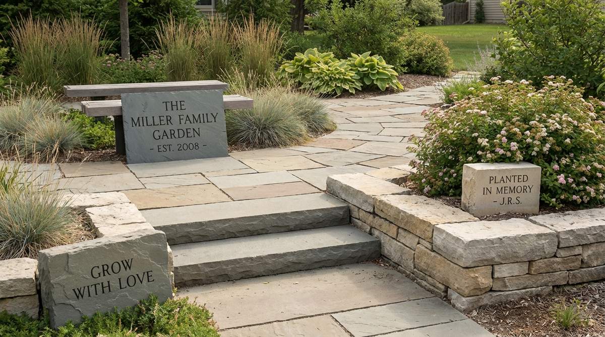 A detailed image showing engraved stone markers in a stone garden, featuring personalized elements like garden quotes, plant labels, or family names carved into fine-grained stones such as slate or limestone, positioned at entries, seating areas, or memorial plantings to add meaning and aesthetic appeal.