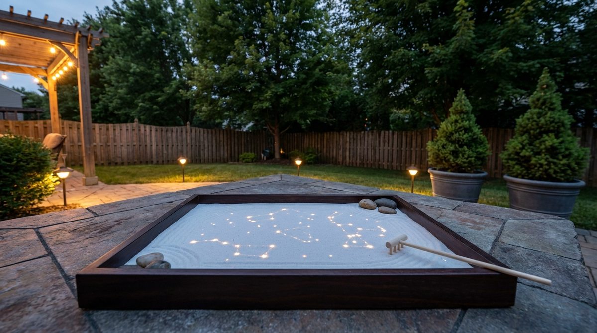 A miniature zen garden featuring tiny fiber optic lights embedded in the tray base, creating a twinkling starlight effect through the sand that mimics night sky constellations. This feature is popular for evening meditation and offers various celestial patterns through different programs.