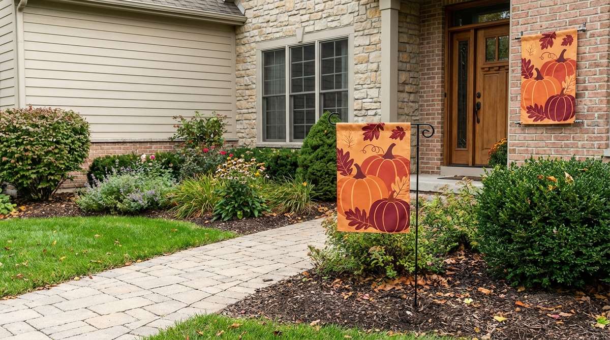 A decorative garden flag and banner system with ground sleeves and wall mounts, featuring fade-resistant outdoor fabrics in standard 12x18 inch dimensions, ideal for marking seasons or celebrations in entry areas.