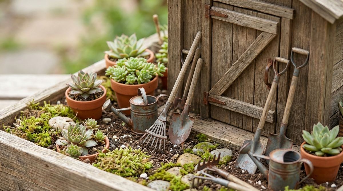 A close-up photo of tiny garden tools including miniature rakes, shovels, and watering cans arranged casually against a miniature shed or near planted areas in a mini garden. The weathered metal tools show realistic aged appearance, suggesting active gardening maintenance within the miniature world.