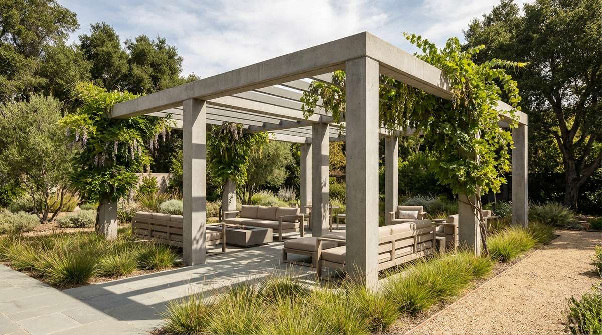 A modern geometric concrete pergola with clean rectangular profiles, featuring concrete posts and beams that provide structural longevity and create defined shade patterns. The design incorporates climbing plants for additional coverage, making it an ideal feature for contemporary garden landscapes.