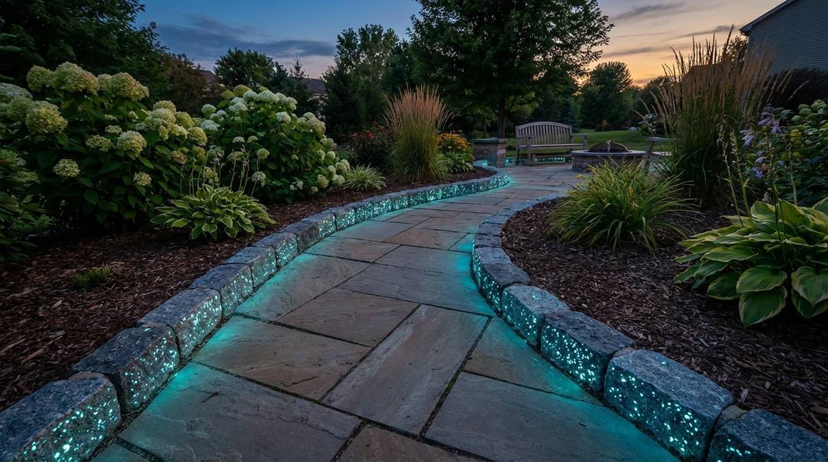 A stone garden edging made with photoluminescent aggregate that glows in the dark, providing safety and visibility for pathway edges without electricity. The material charges during daylight and emits a blue-green glow for 8-10 hours after dark.