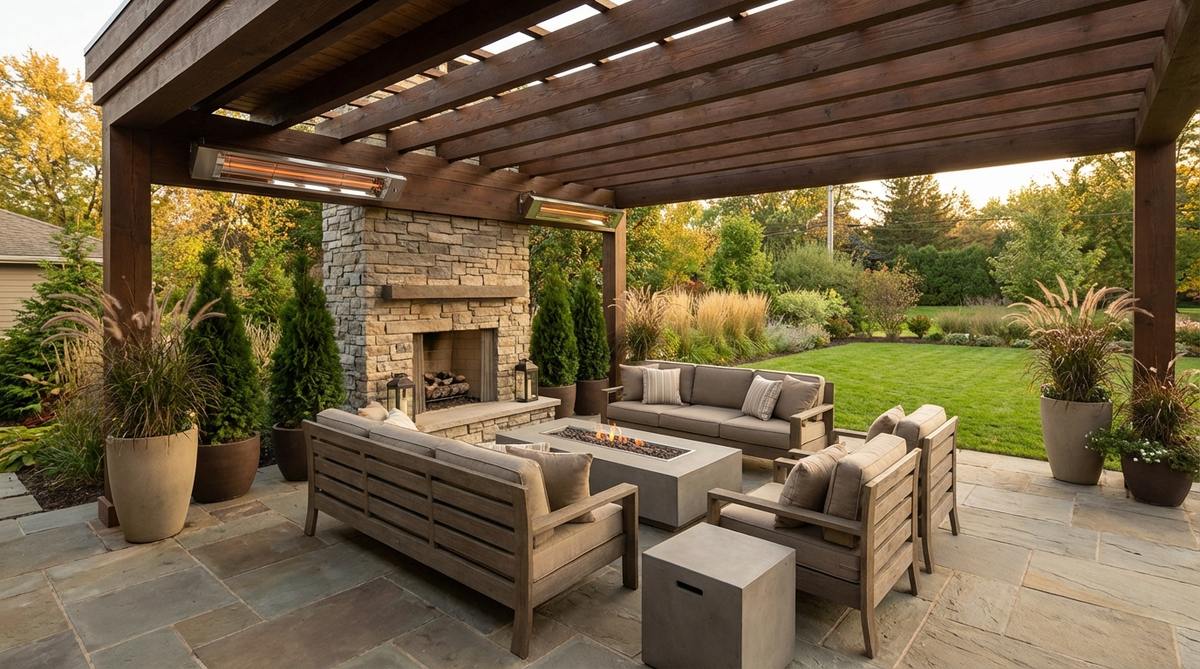 A contemporary garden featuring a heated outdoor room with wall-mounted infrared heaters, extending comfortable use into cooler seasons with clean, clutter-free design.