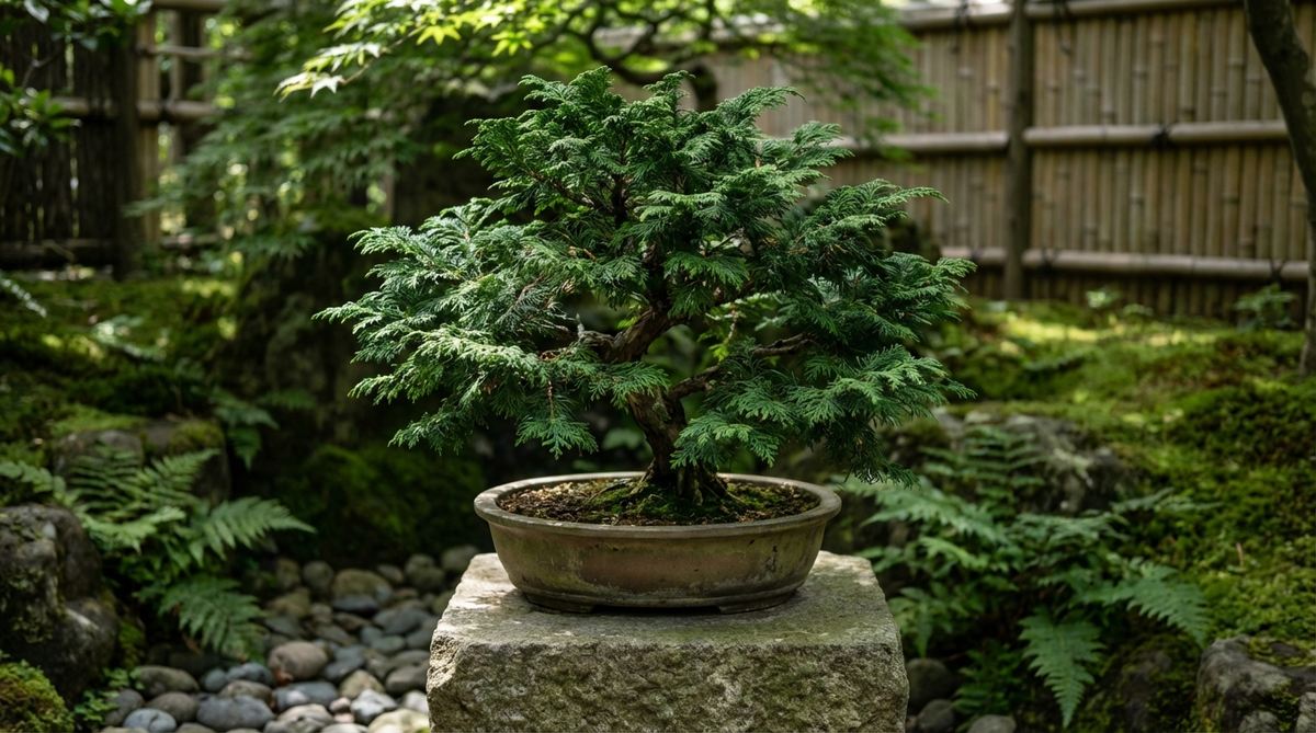 A close-up image of a Hinoki Cypress bonsai, showcasing its soft, spray-like foliage and dwarf cultivar features, ideal for Japanese garden settings with shade tolerance and fragrant aroma.