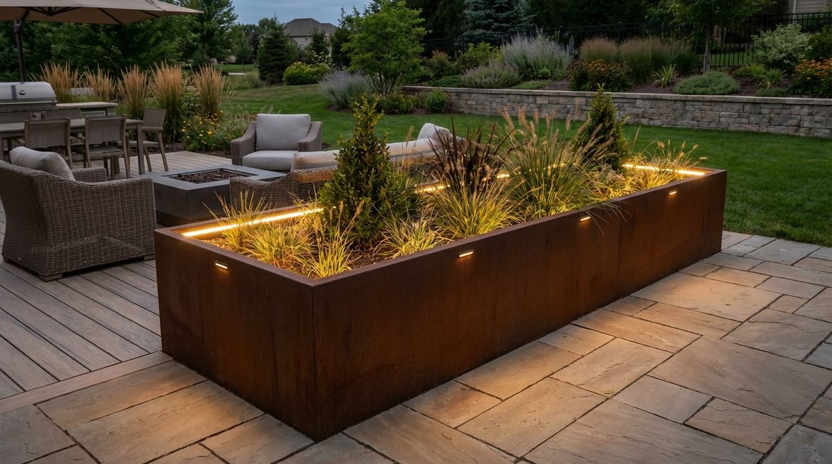 Outdoor planter with internal LED lighting system that glows from within after dark, highlighting plant silhouettes and providing ambient illumination for patios, decks, and entertaining areas. Available in battery-powered or plug-in models for flexible installation.