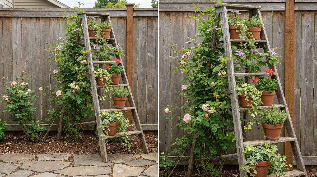 A vintage wooden ladder used as a rustic trellis plant support, leaning against a wall or fence to create vertical growing structure with weathered rungs for displaying potted plants or climbing vines, ideal for dynamic garden layers in compact spaces.